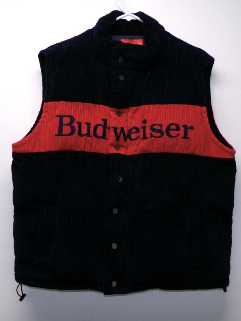 Budweiser Beer Corduroy Snap Puffer Vest Men's Large Blue Red Retro Embroidered